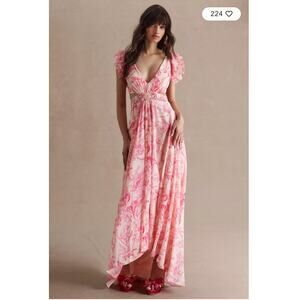 Anthropologie Mac Duggal Floral Flutter Cap-Sleeve V-Neck Lace-Up Gown 0